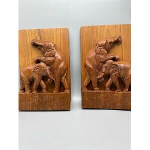 Hand carved‎ Wood Elephant Folding vintage Bookends